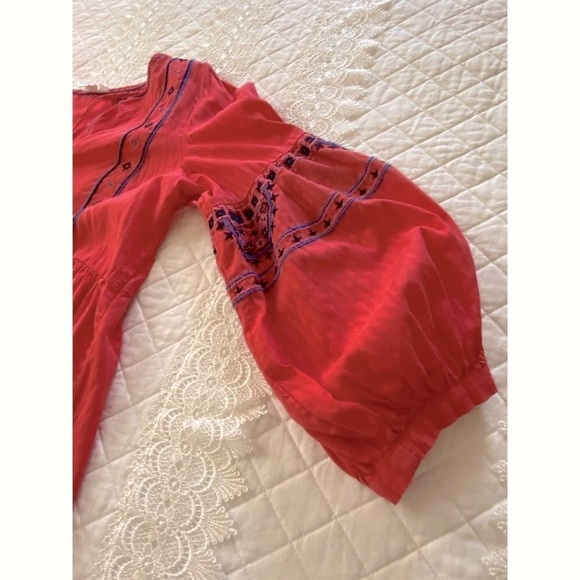 GAP Boho Peasant Blouse Red Orange Blue Embroidery V-Neck 3/4 Sleeve Size XS - Picture 9 of 13